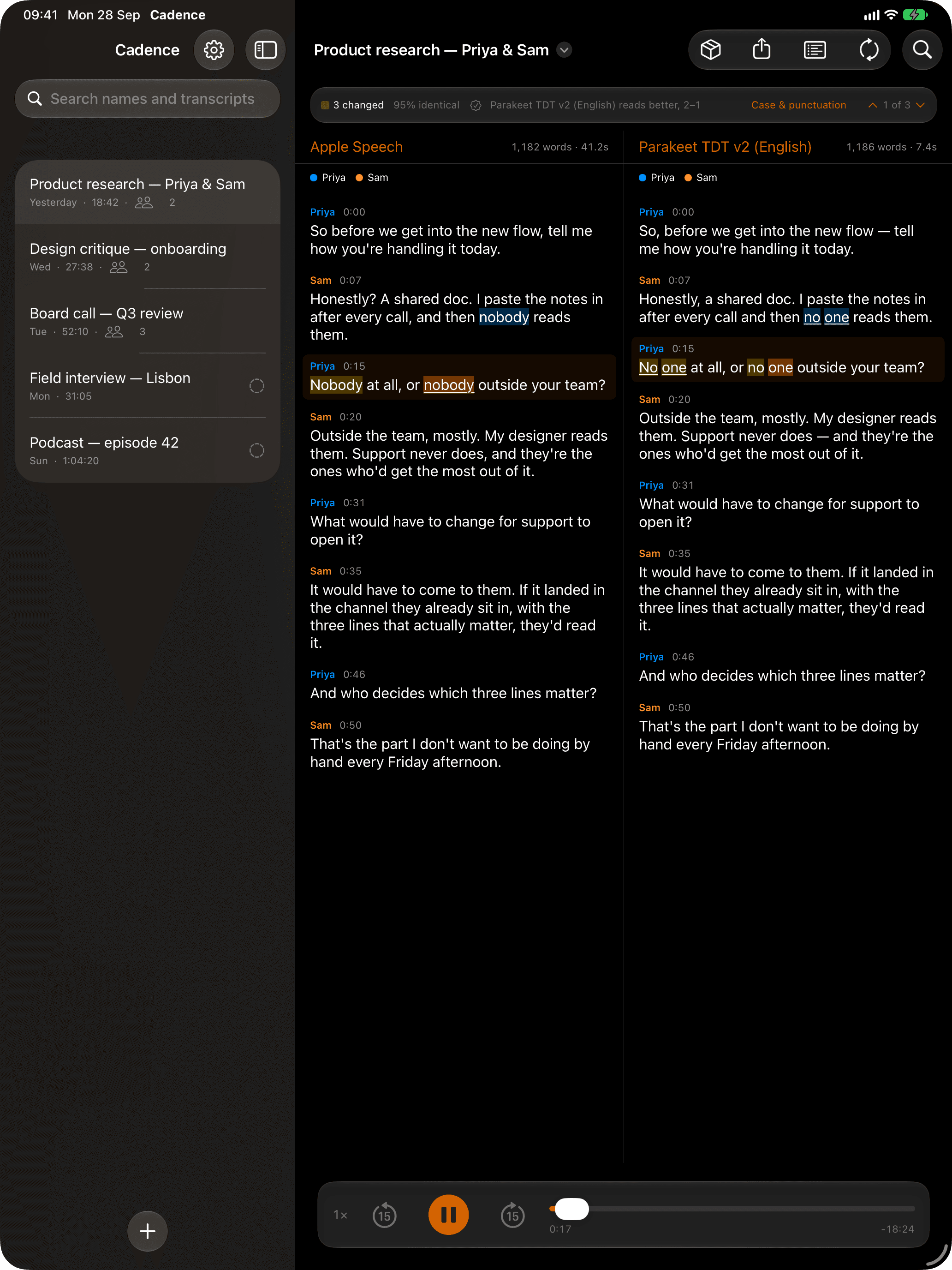 Cadence on iPad comparing Apple Speech and Parakeet transcripts of one recording side by side