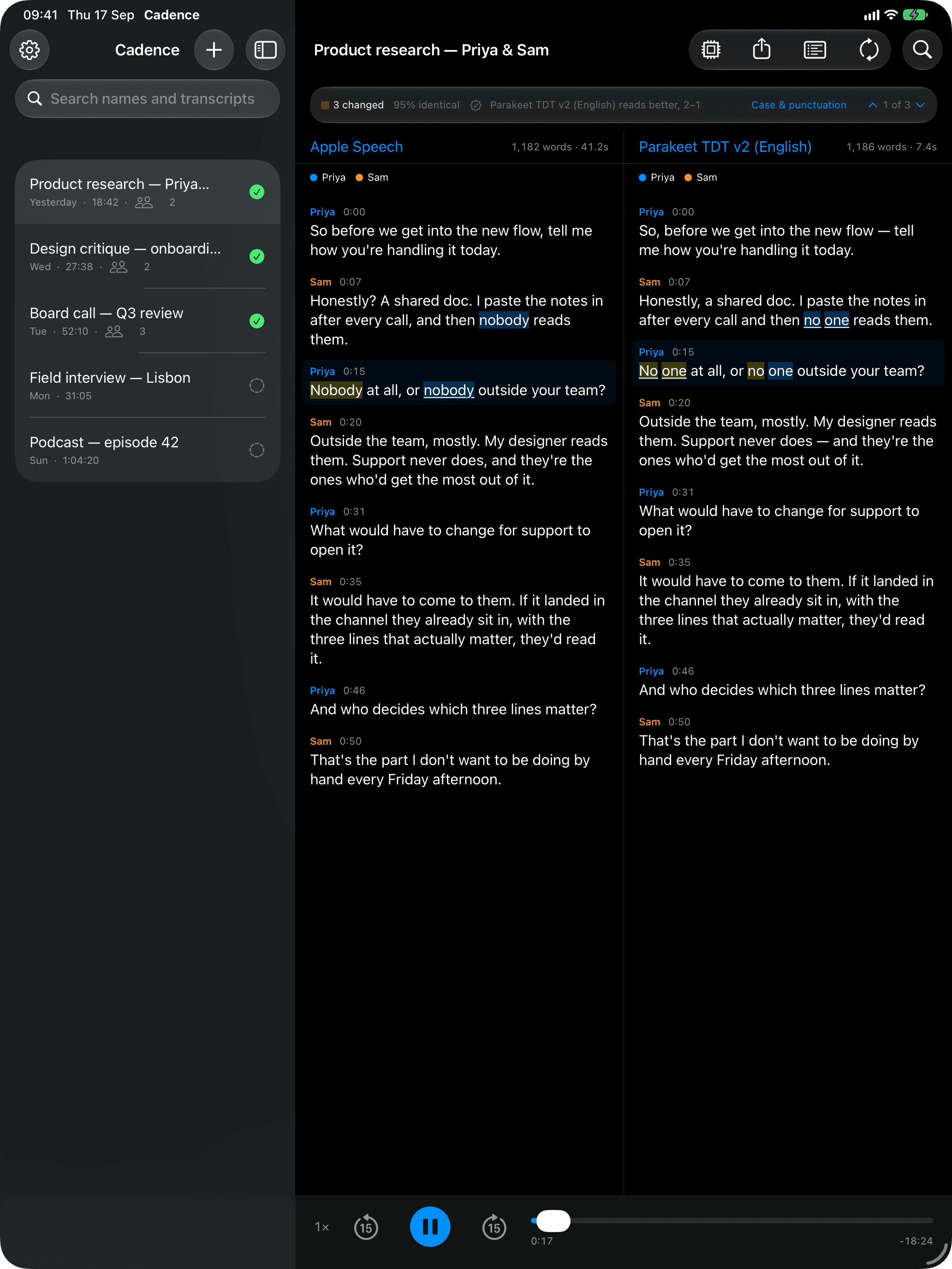 Cadence on iPad comparing Apple Speech and Parakeet transcripts of one recording side by side