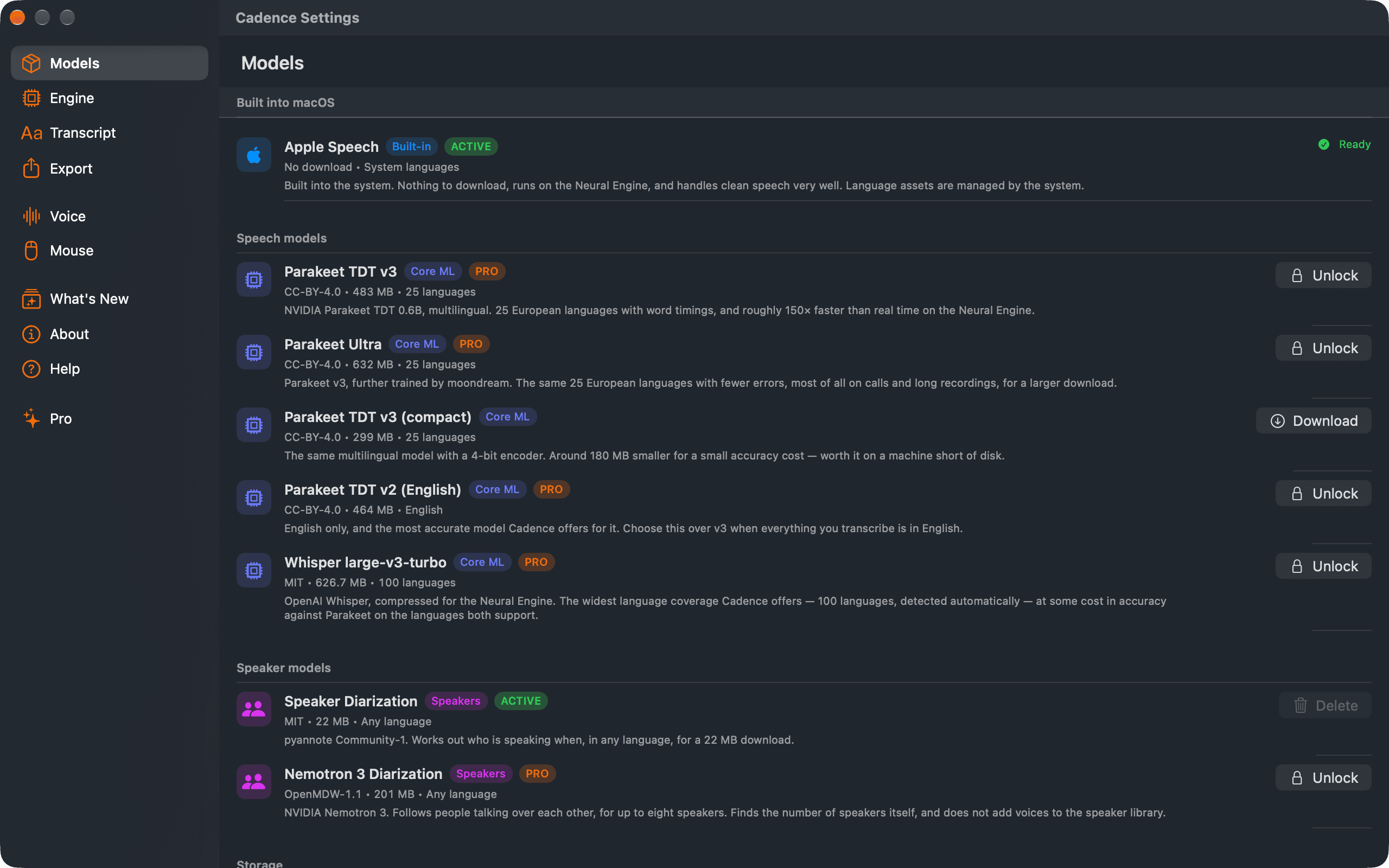 Engine manager — Five engines, their sizes and licences. Download once, run offline.