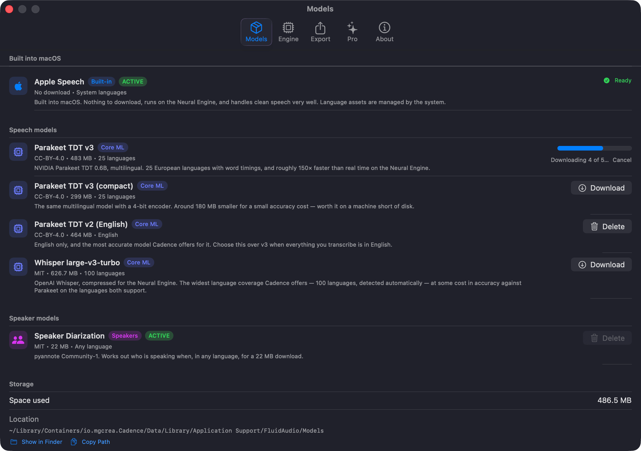 Engine manager — Download once, run offline.