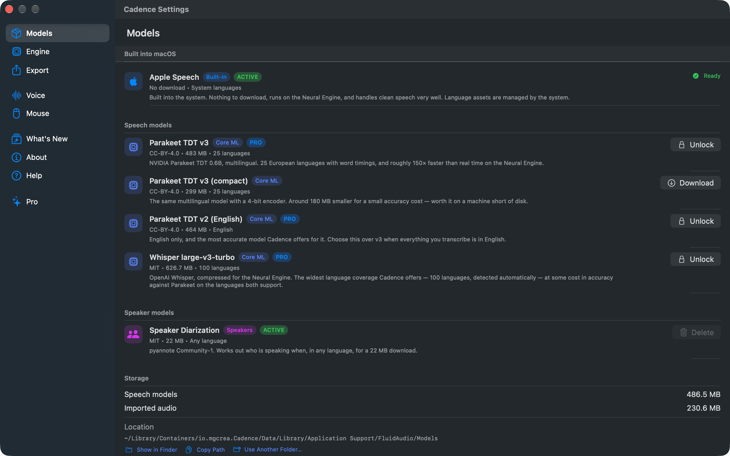 Engine manager — Five engines, their sizes and licences. Download once, run offline.