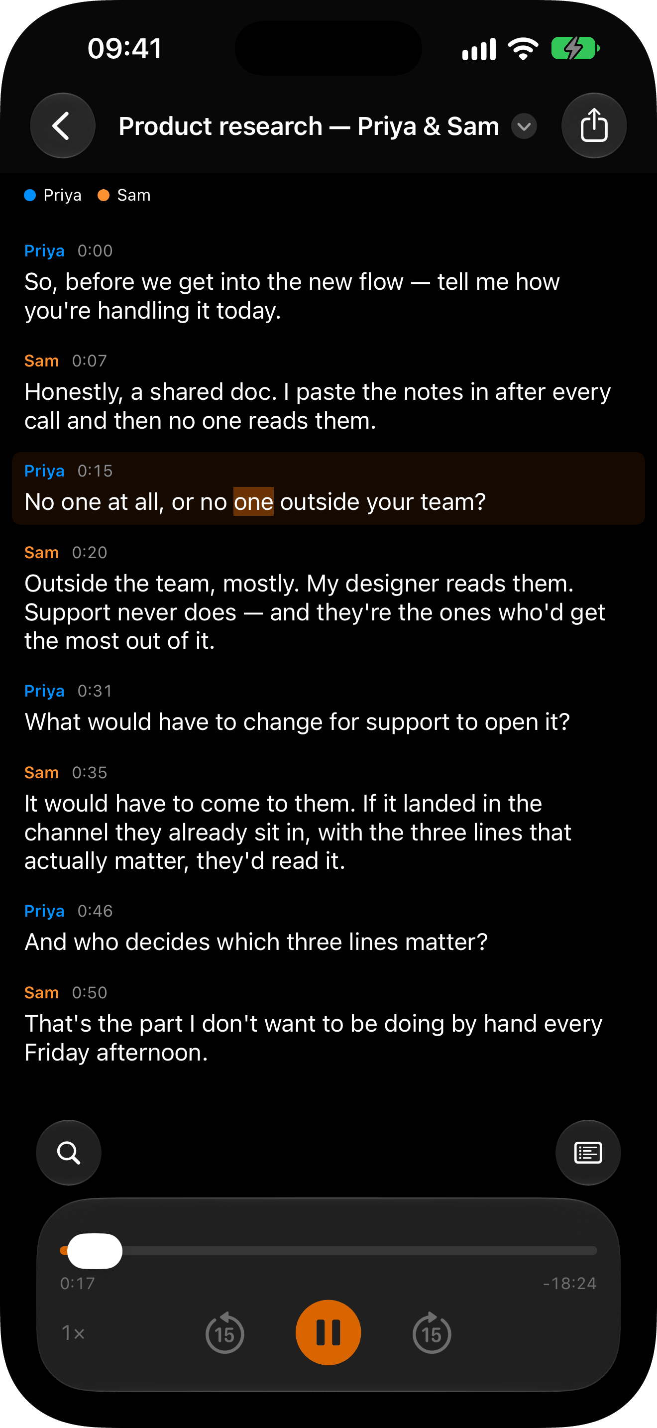 Cadence on iPhone showing a transcript with speakers labelled and playback controls