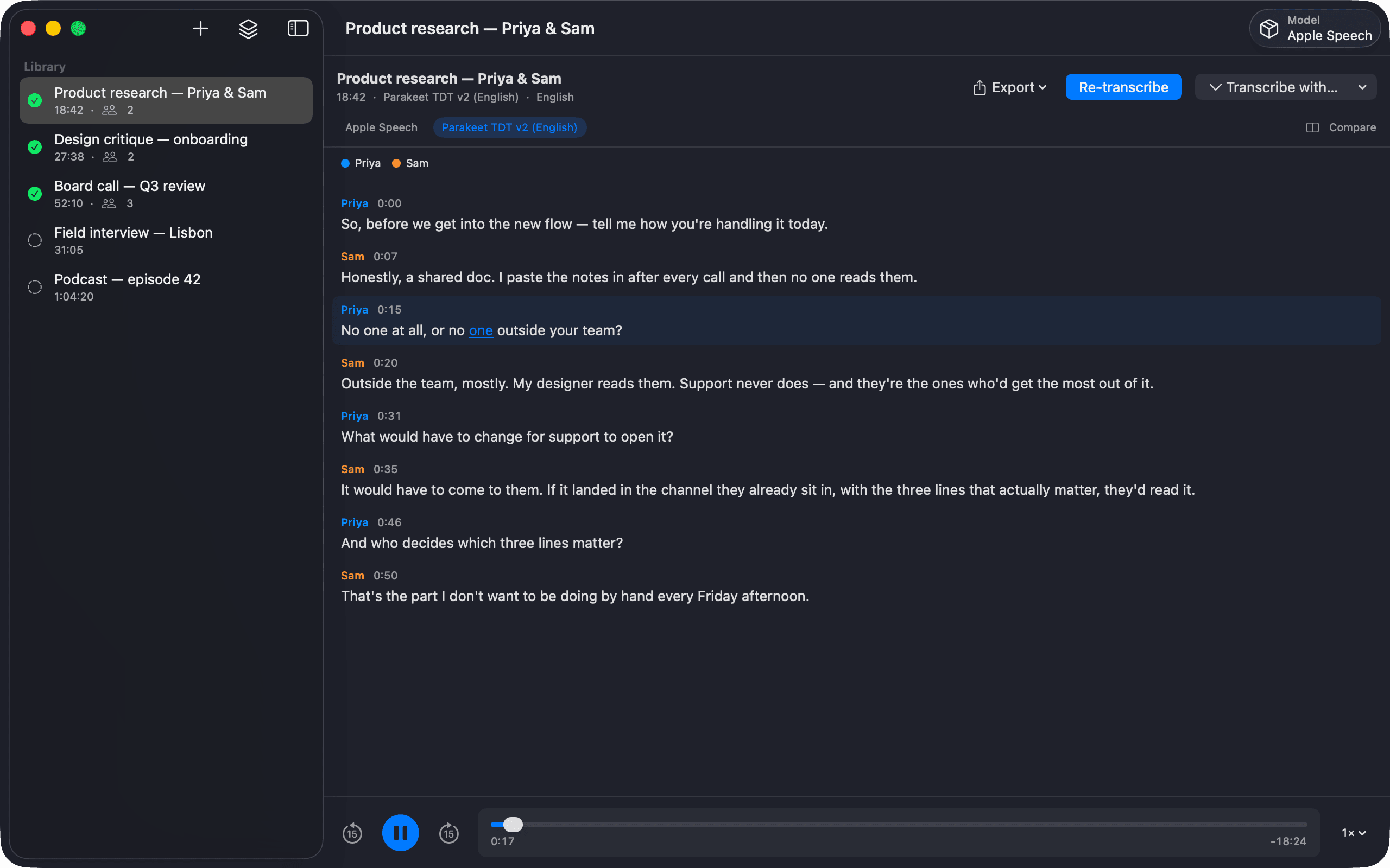 The library — Every recording, its status, its engine.