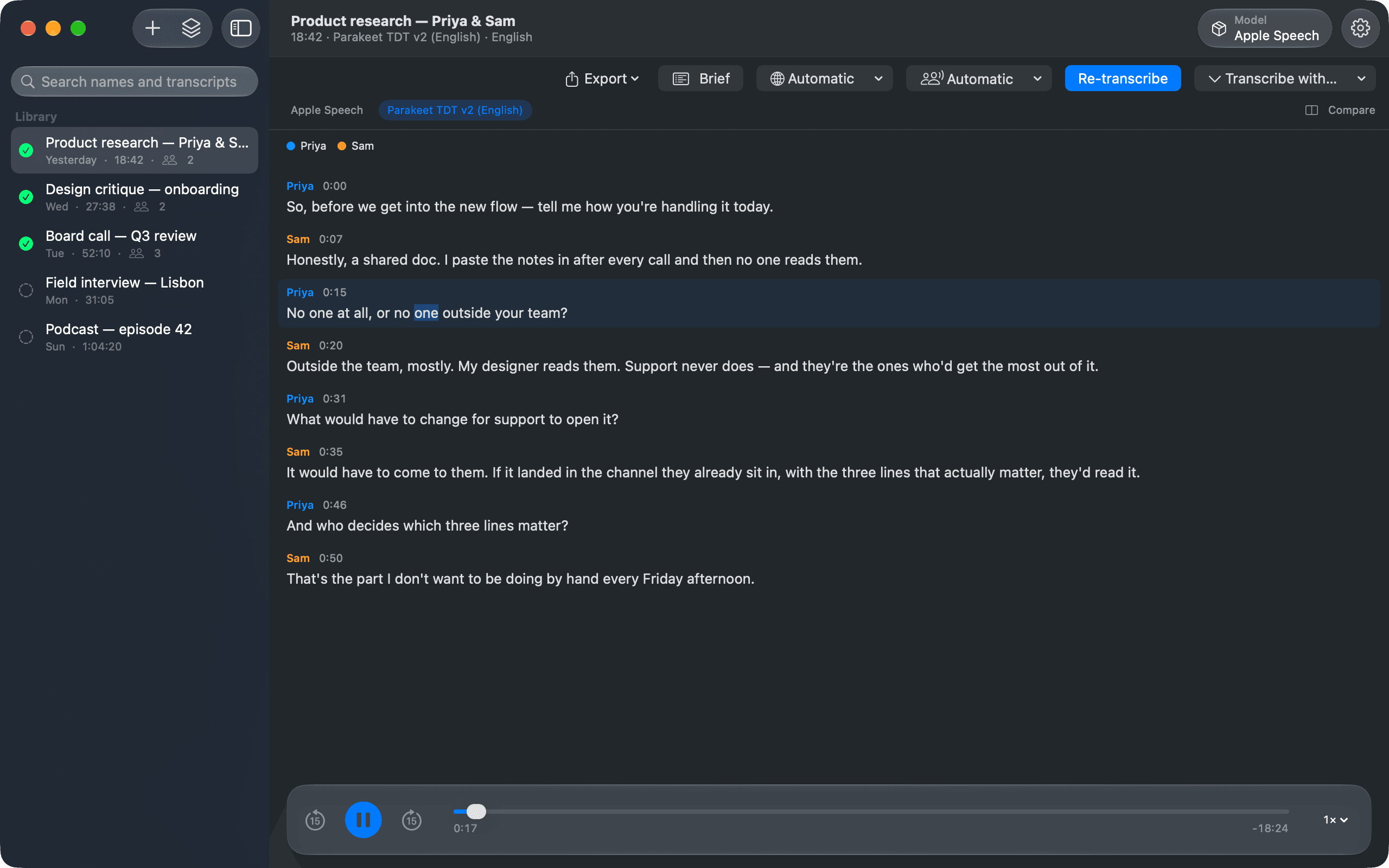 The library — Every recording, its status, its engine — and the transcript beside it.