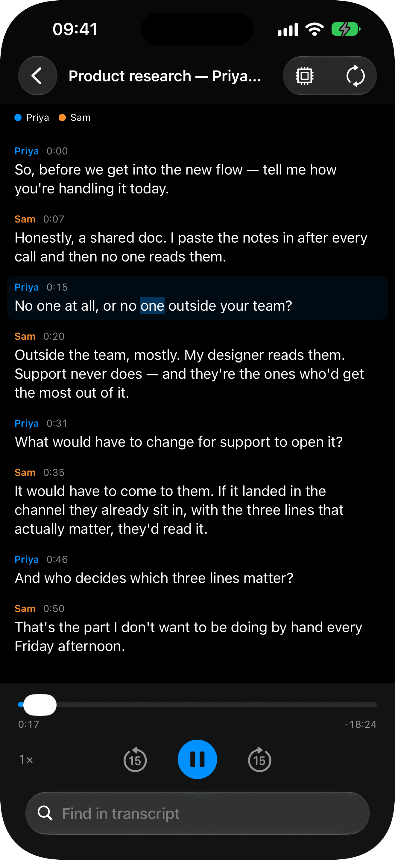 Cadence on iPhone showing a transcript with speakers labelled and playback controls