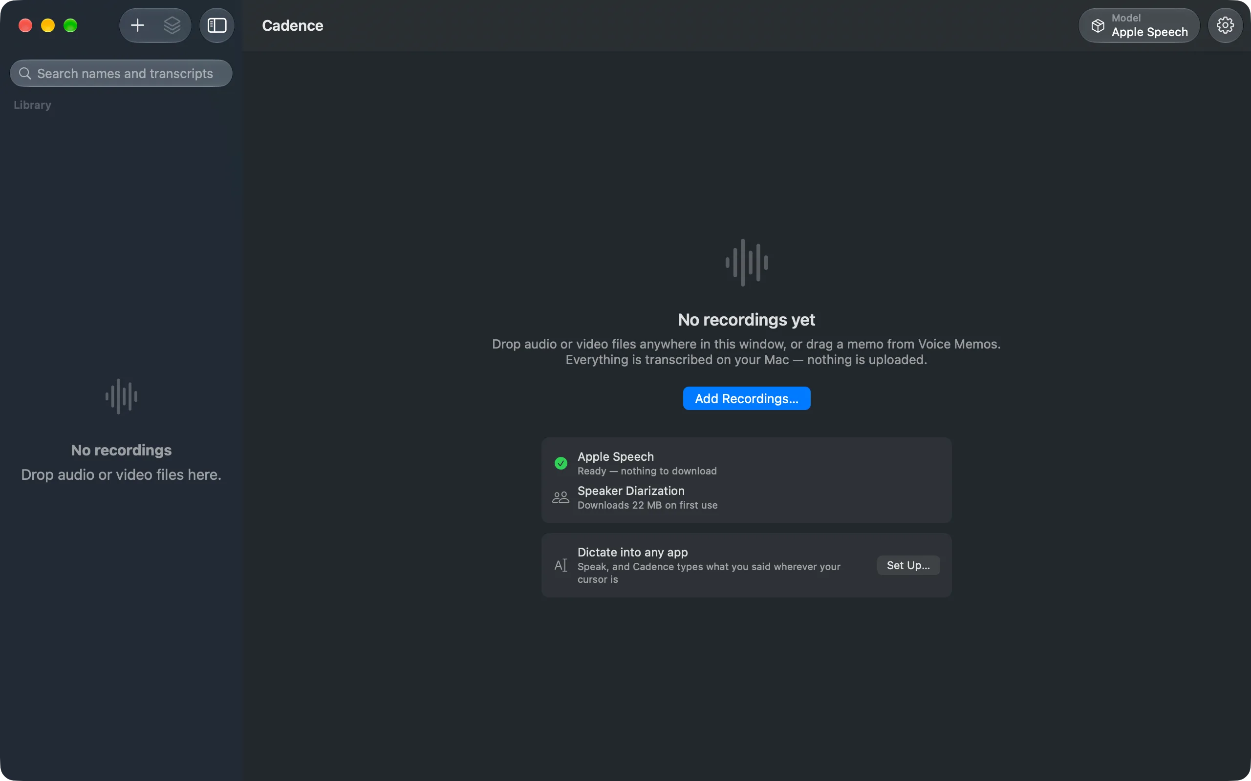 Cadence welcome screen — nothing leaves your Mac